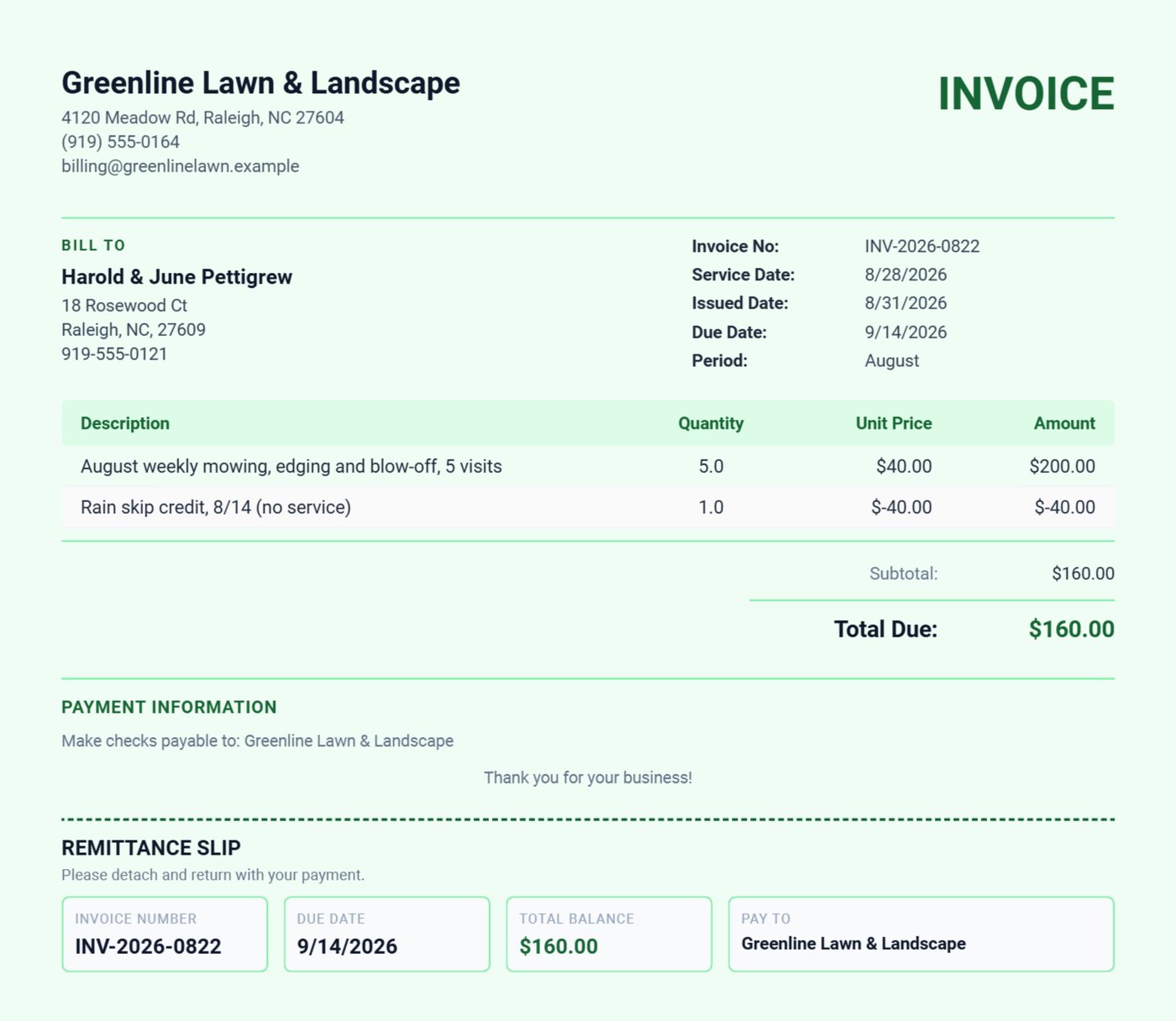 Lawn care invoice from Daily Invoice Maker: five August mowing visits at $40 and a rain skip credit line for 8/14, total due $160