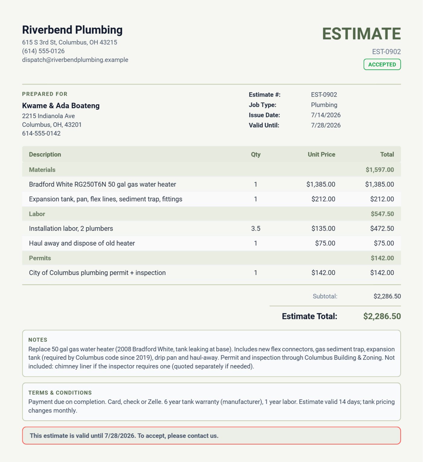 Plumbing estimate from Daily Invoice Maker for a gas water heater replacement with Materials, Labor and Permits sections and a 14-day validity