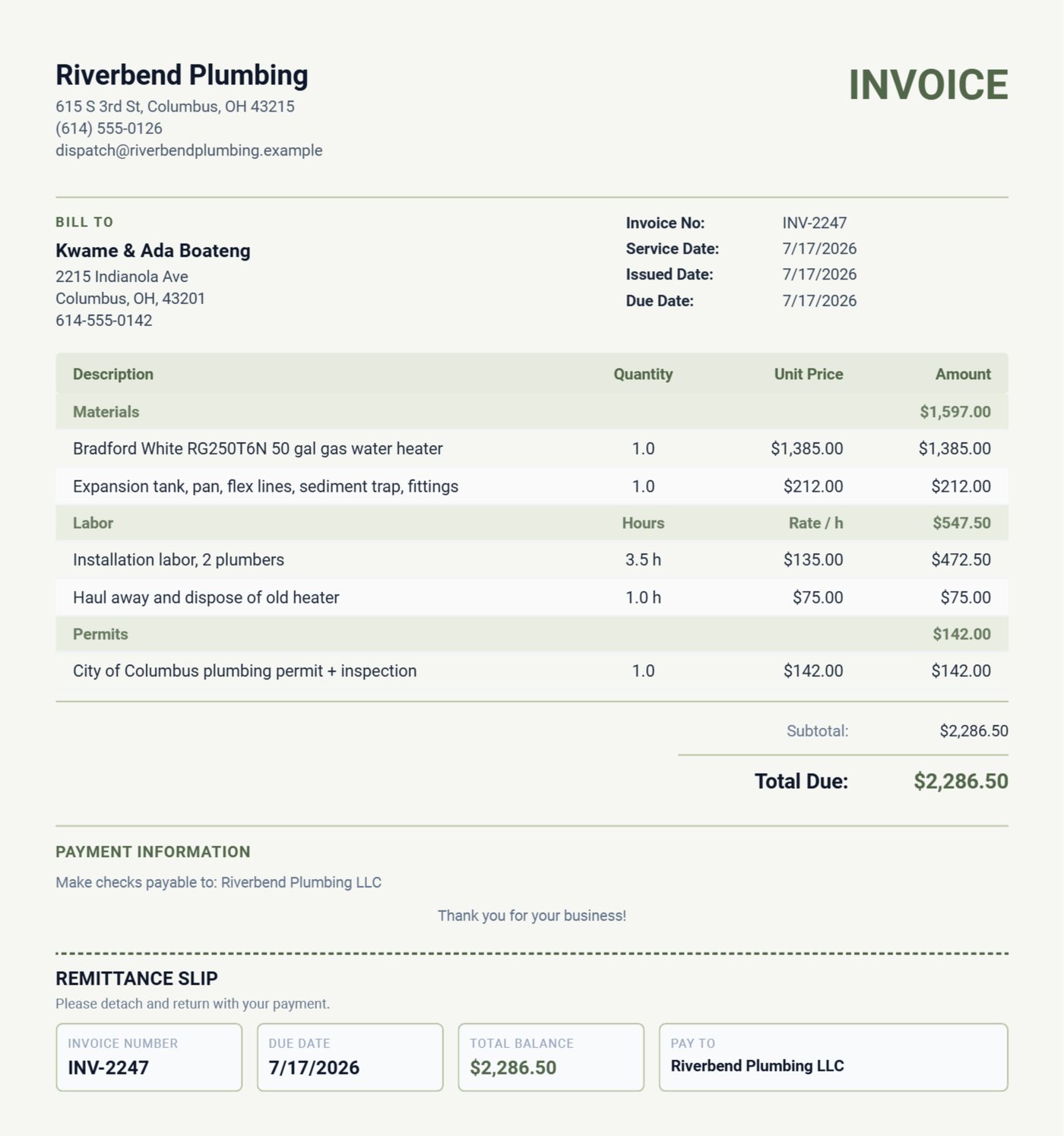 Plumbing invoice for a water heater replacement with Materials, Labor and Permits sections and installation notes