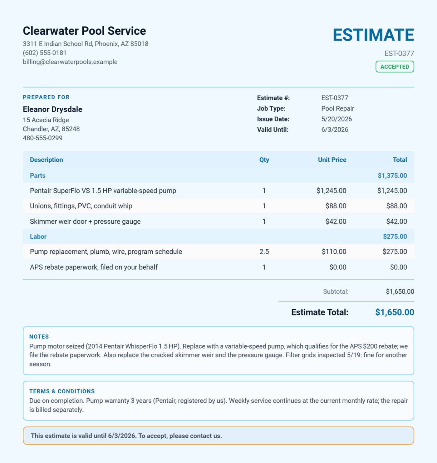Pool repair estimate from Daily Invoice Maker for a variable-speed pump replacement with Parts and Labor sections and a rebate line