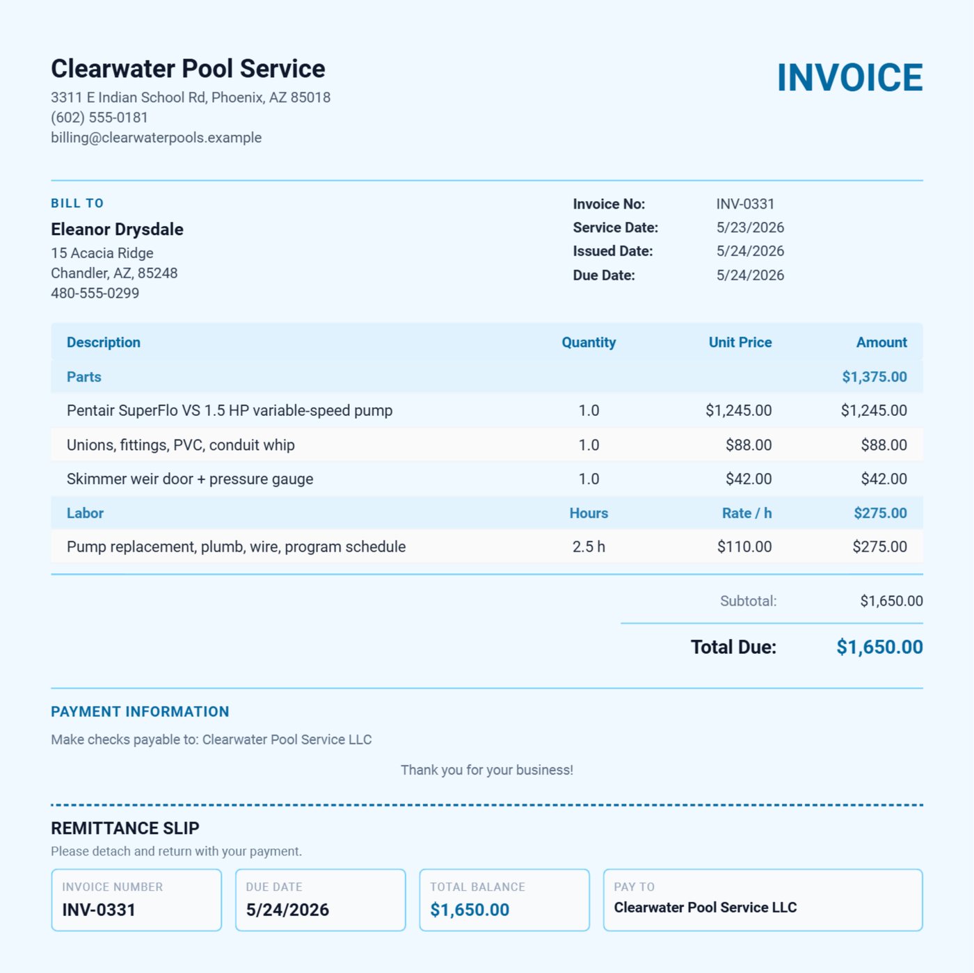 Pool repair invoice with Parts and Labor sections, pump programming notes and a rebate confirmation
