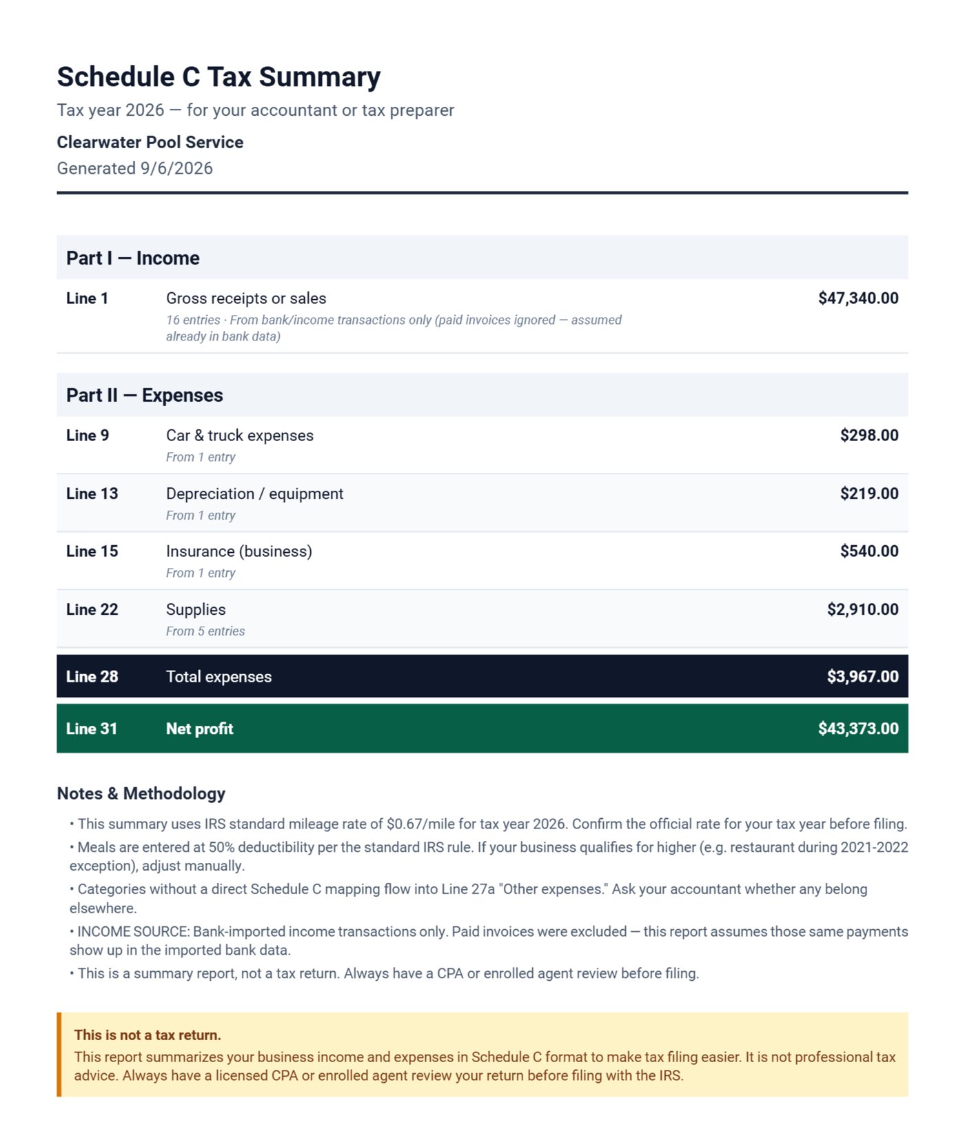 Schedule C summary for a pool service business generated by Daily Invoice Maker