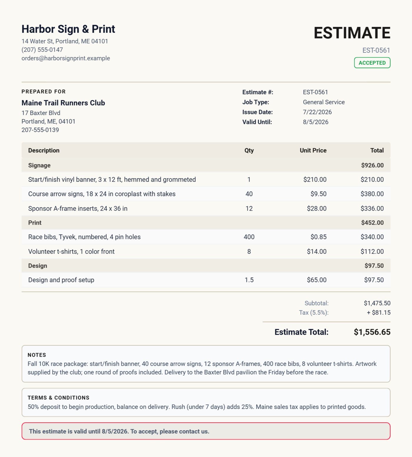 Small business estimate from Daily Invoice Maker for a race signage package with Signage, Print and Design sections and a deposit term