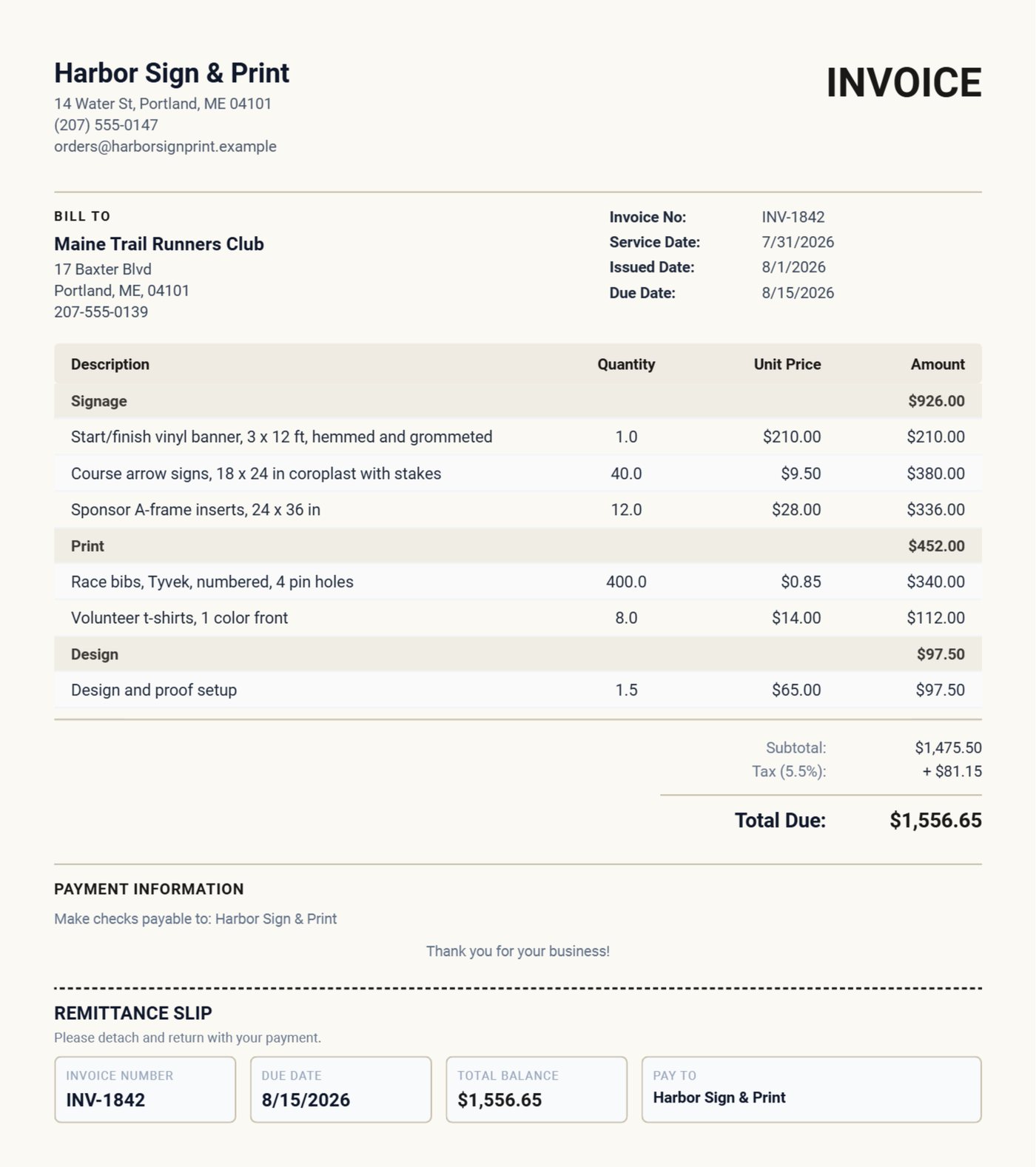 Small business invoice with sections, sales tax applied, a deposit recorded and balance due