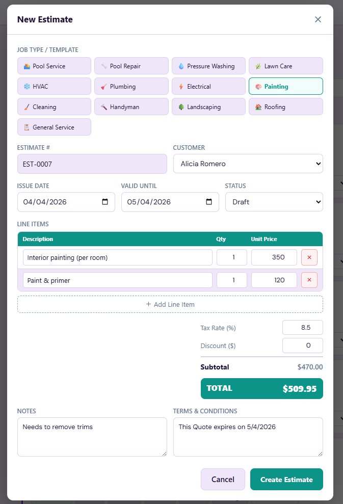 Job estimate form showing line items, tax, total and job type templates