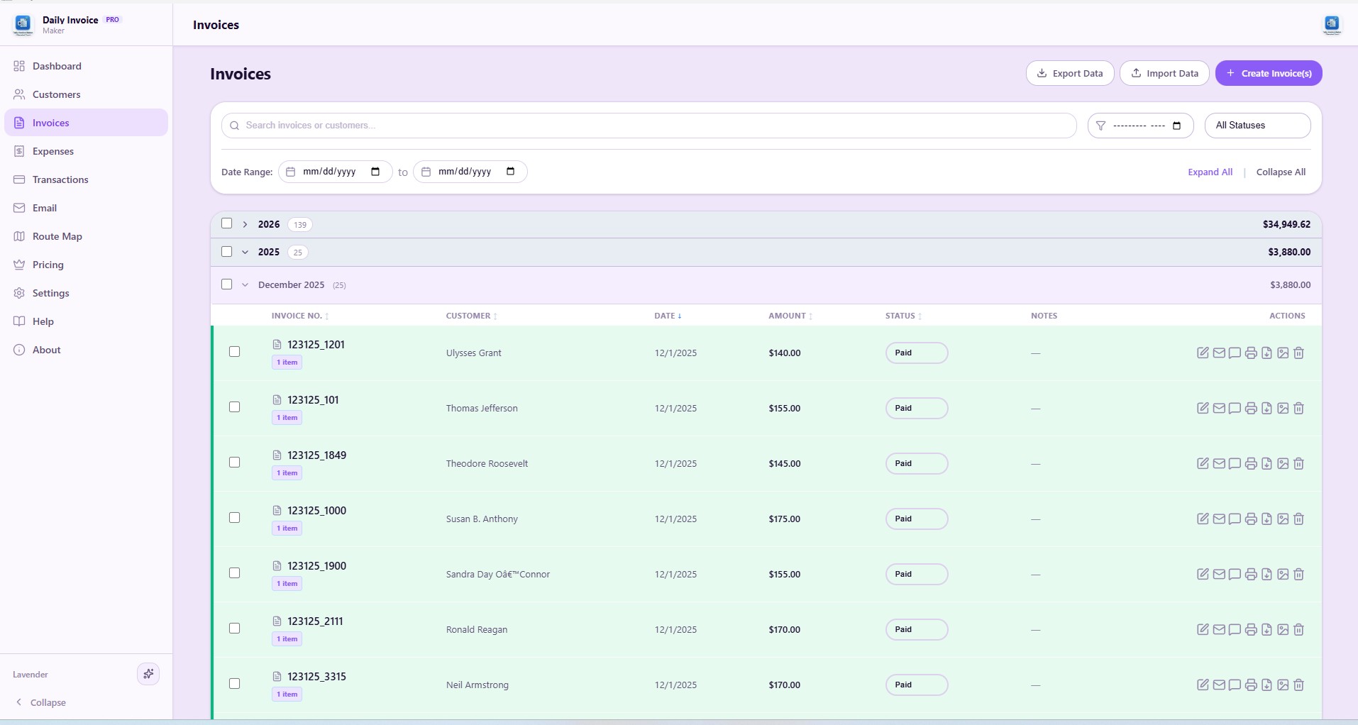 Invoice list with bulk operations