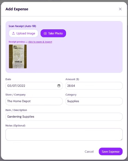 Add expense with AI receipt scanning
