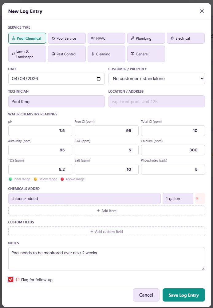 Service log entry showing water chemistry readings, chemicals added, and job notes