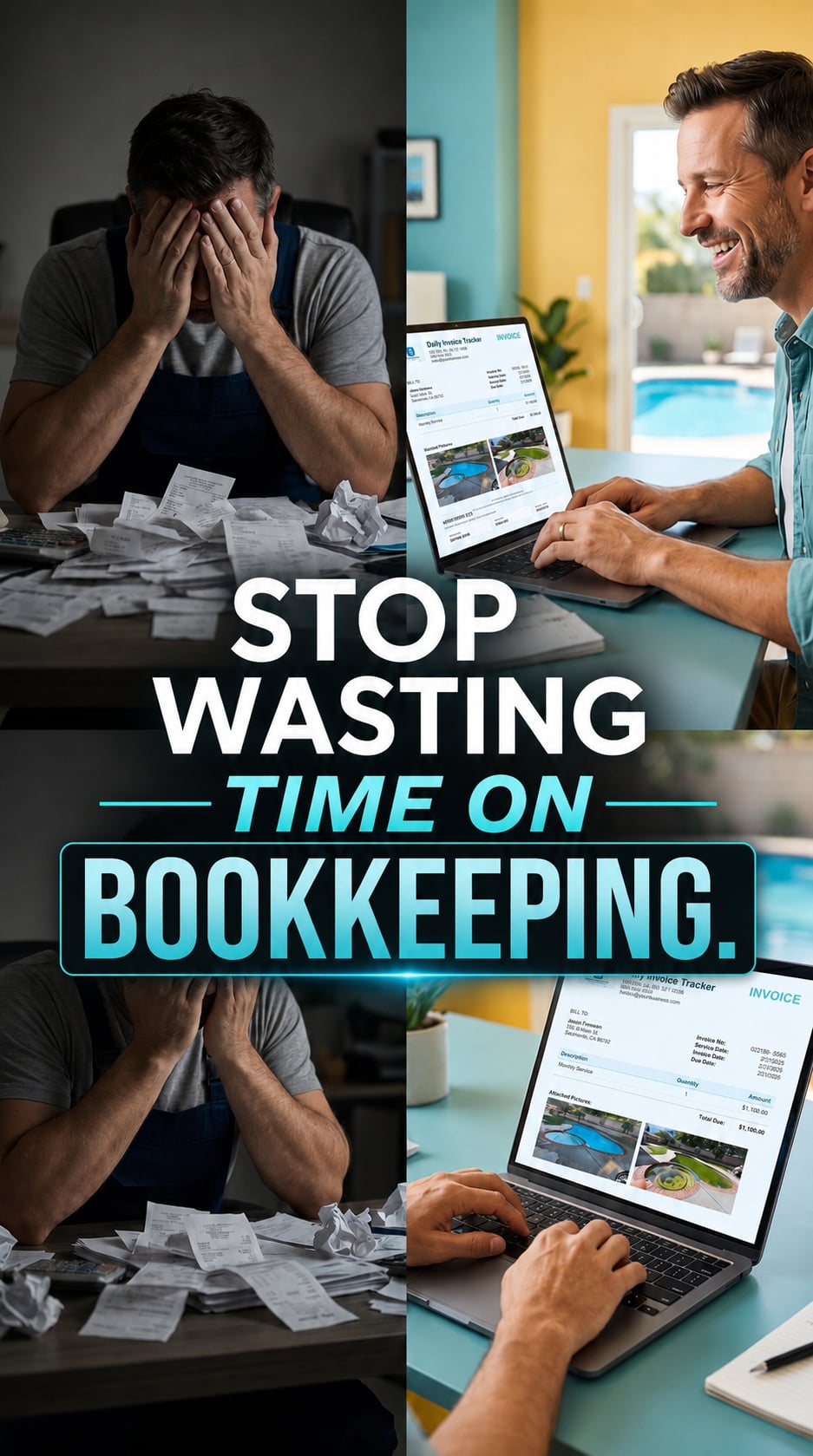 Small-business owner doing bookkeeping at his desk with Daily Invoice Maker open