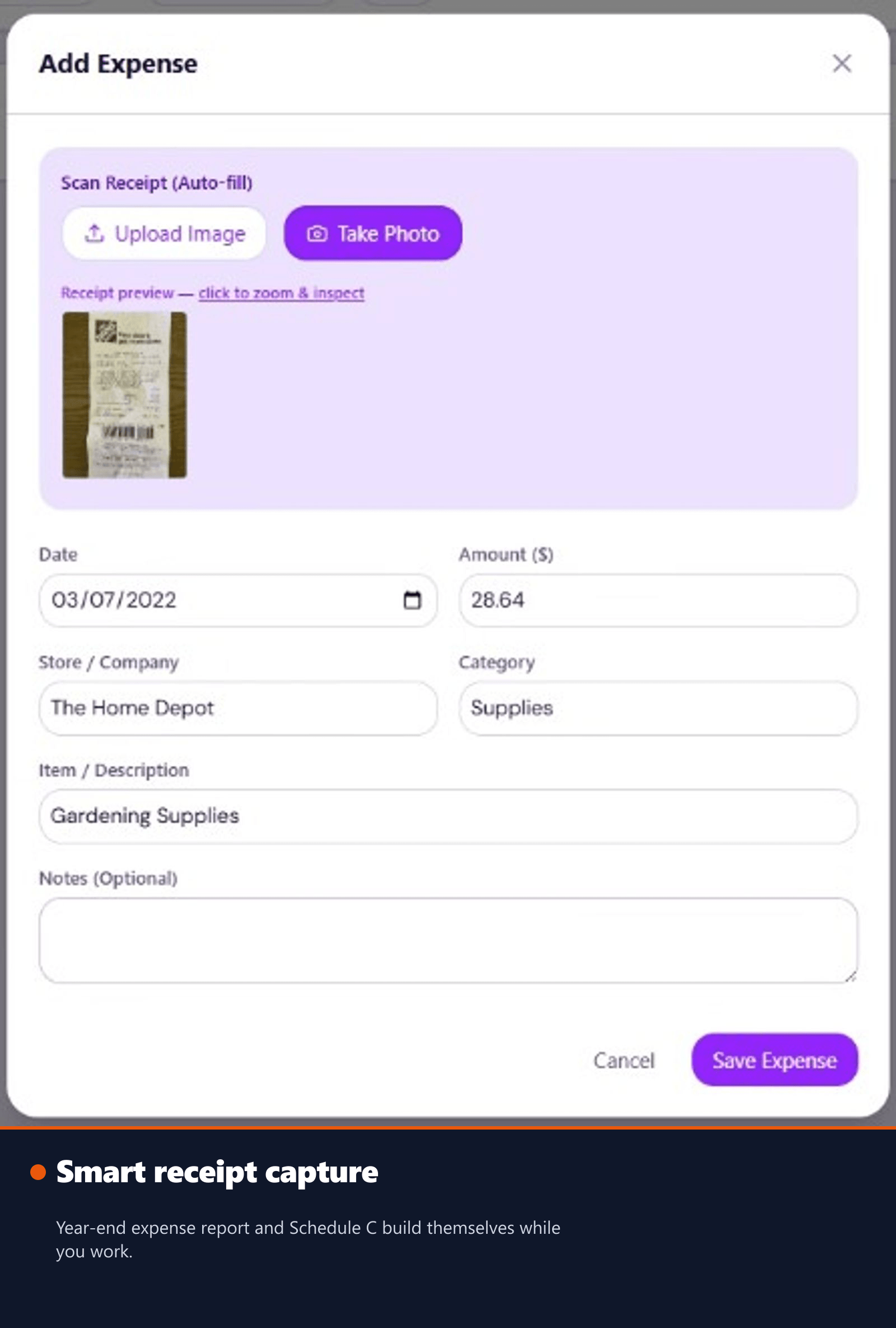 AI receipt scanner extracting vendor and amount from a photo