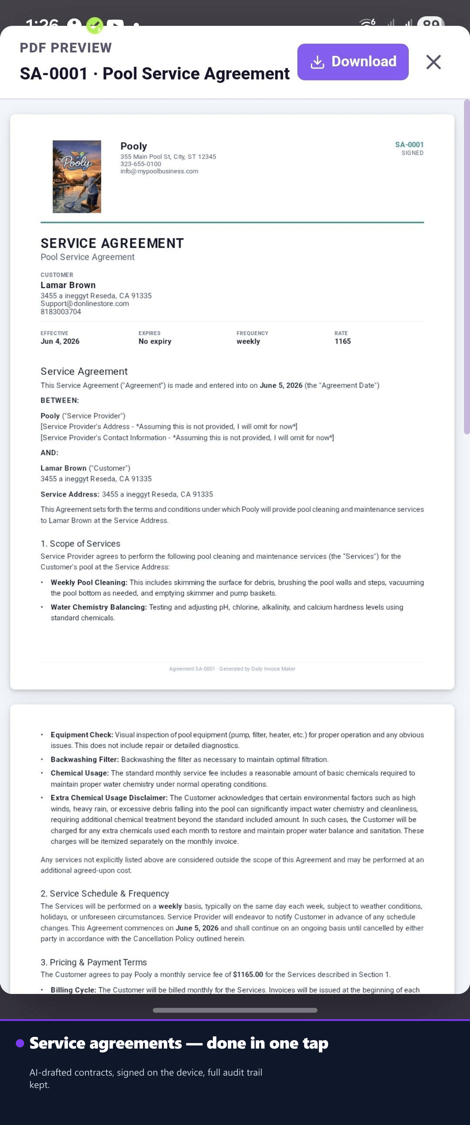 Service agreement signed on-site with an audit log
