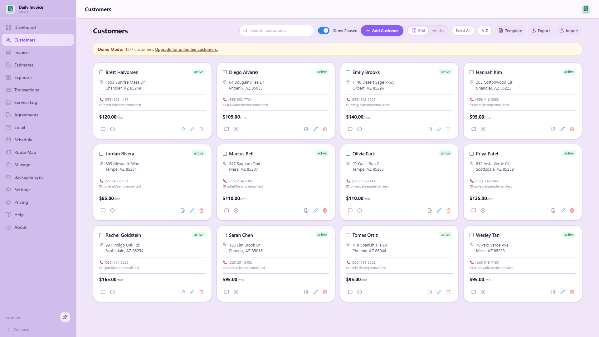 Customers — full roster with rates & tags