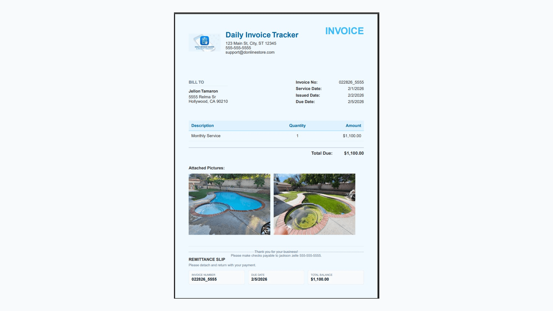 Job photos attached inside the invoice