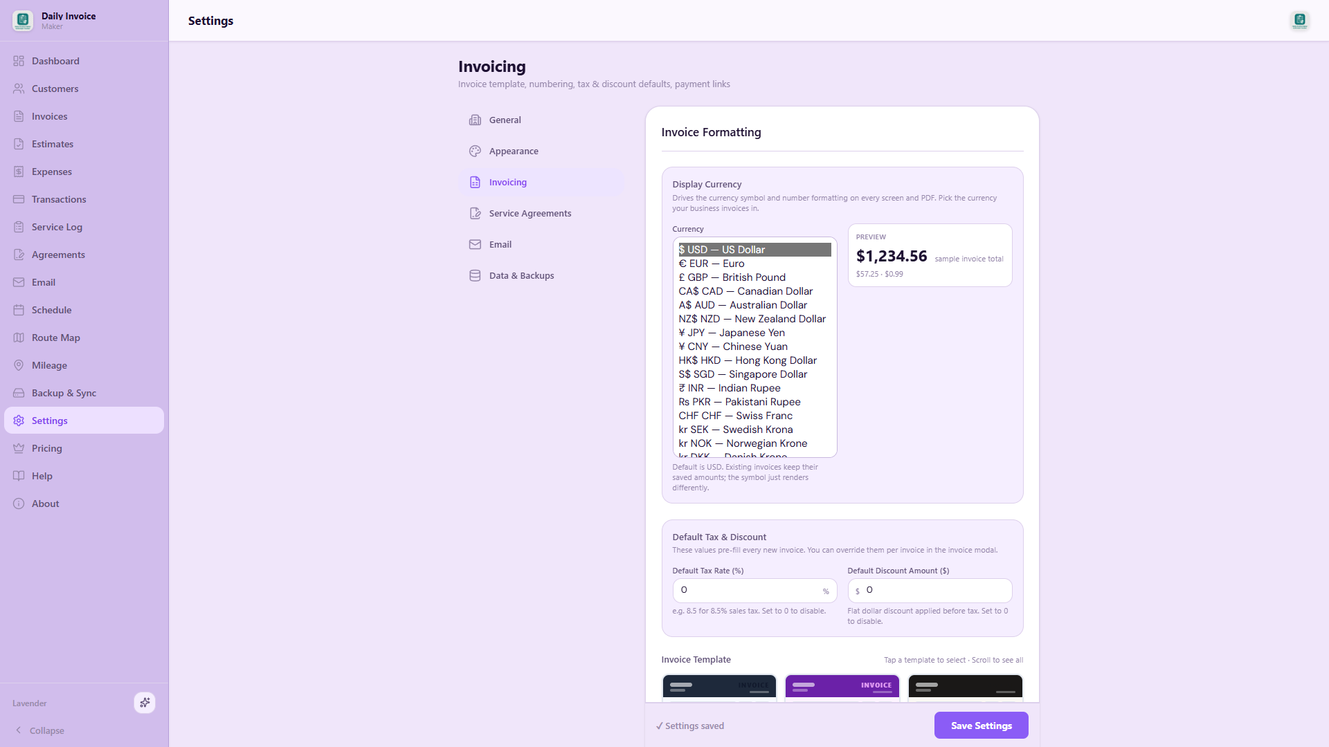 Multi-currency — 24 currencies built in