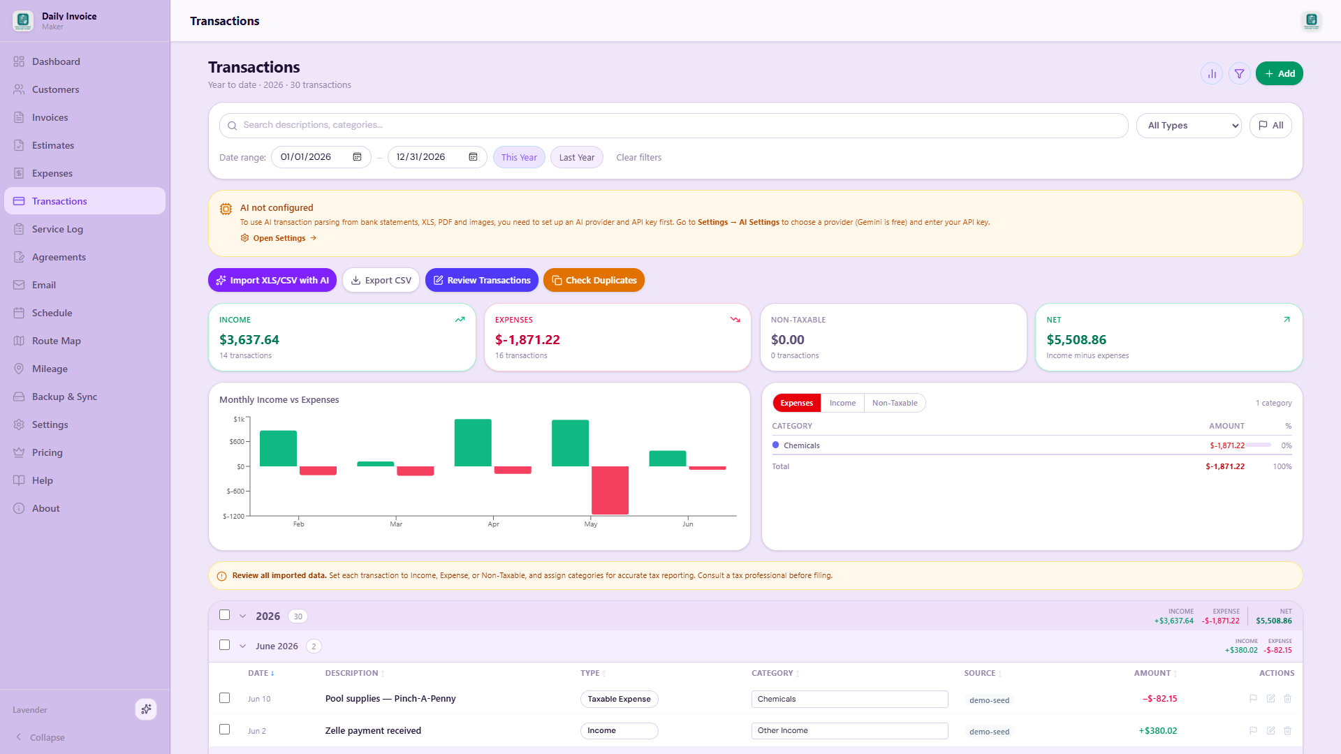 Transactions — auto-categorized import